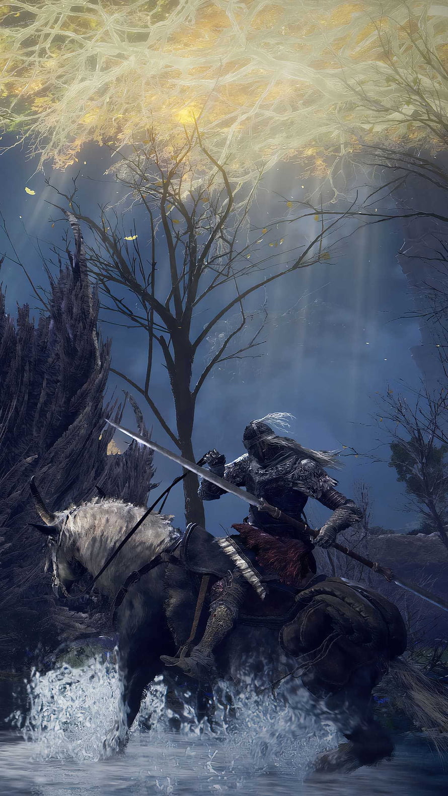 Elden Ring Knight on Horseback Wading Through Water Under Autumn Canopy HD phone wallpaper