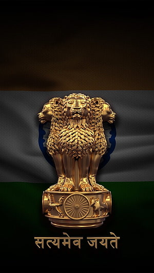 Golden State Emblem of India with Ashoka Chakra and Satyameva Jayate Motto on Flag Background HD phone wallpaper