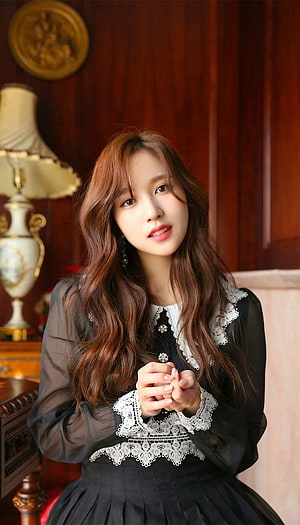 Mina from TWICE in Elegant Black Lace Dress with Vintage Interior HD phone wallpaper