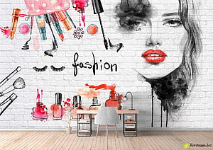 Beauty Salon Wall Mural With Fashion Illustration And Makeup Tools On White Brick HD wallpaper