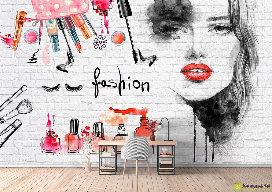 Beauty Salon Wall Mural With Fashion Illustration And Makeup Tools On White Brick HD wallpaper