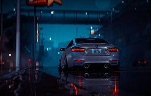 Silver BMW M4 Coupe on Wet City Street at Night with Neon Reflections HD wallpaper