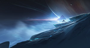 Destiny 2 Beyond Light Frozen Planet Landscape with Lone Guardian and Distant Pyramid HD wallpaper
