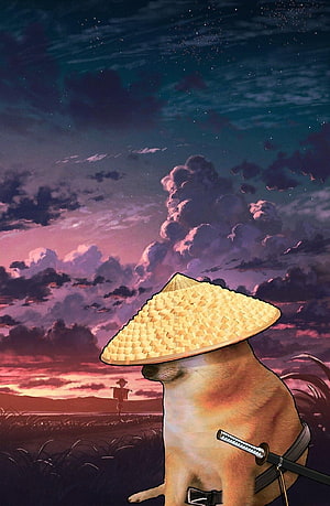 Shiba Inu Samurai Dog With Straw Hat And Katana Against Sunset Sky HD phone wallpaper