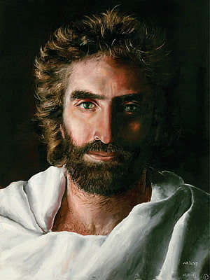 Portrait of Jesus Christ with Green Eyes and Brown Beard in White Robe HD phone wallpaper