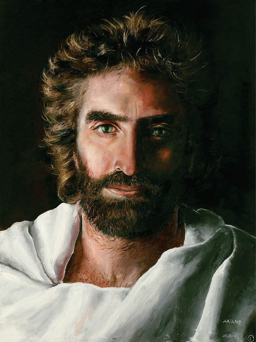 Portrait of Jesus Christ with Green Eyes and Brown Beard in White Robe HD phone wallpaper