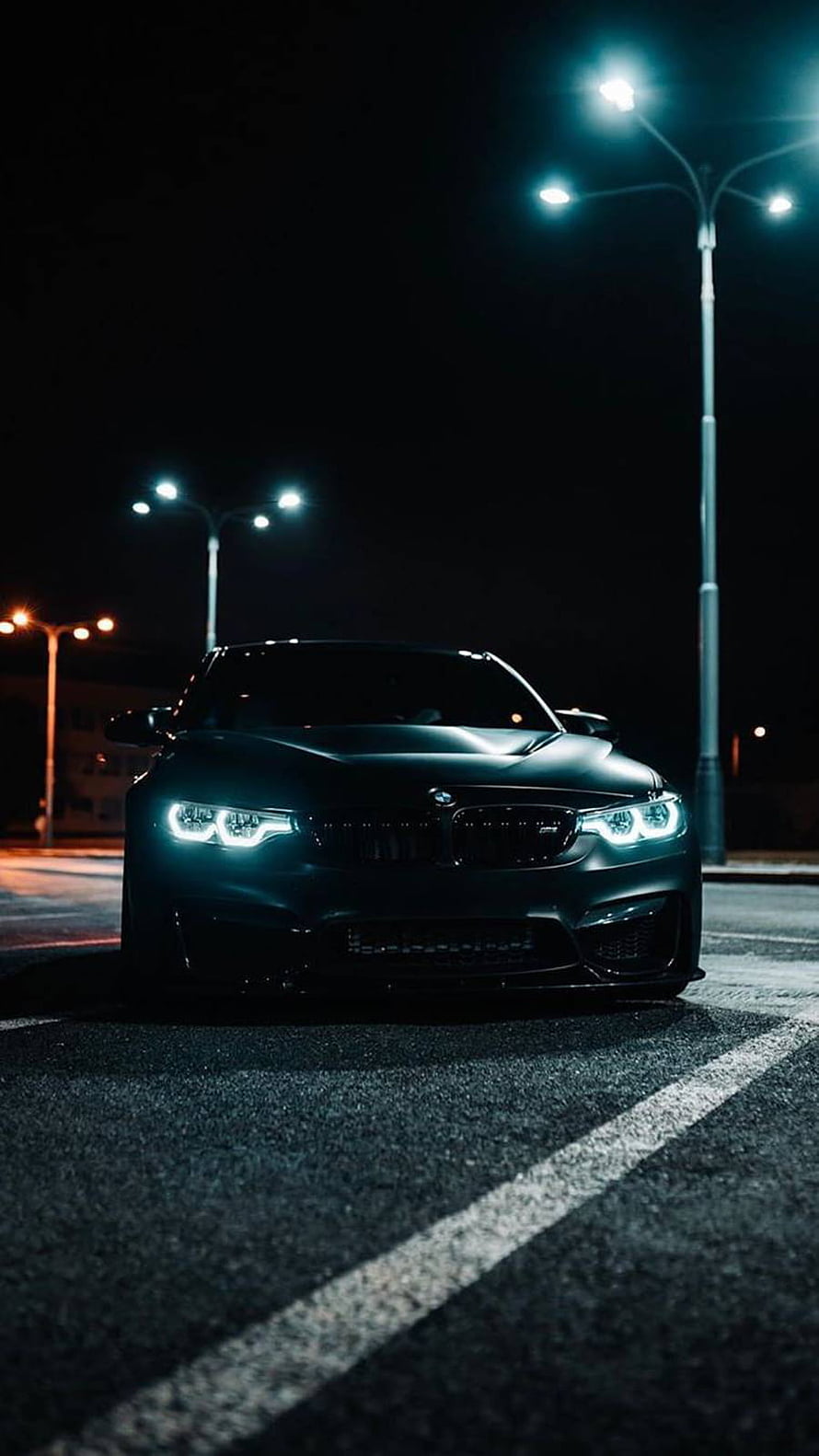 Matte Black BMW M4 Night Street Photography with Angel Eyes Headlights HD phone wallpaper