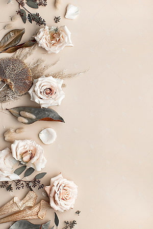 Elegant Dried Floral Arrangement with Pale Roses and Botanical Elements on Beige Background HD phone wallpaper