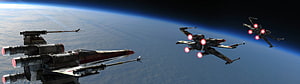 X-Wing Starfighters Flying in Formation Over a Blue Planet in Space HD wallpaper
