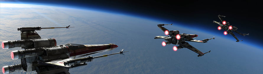 X-Wing Starfighters Flying in Formation Over a Blue Planet in Space HD wallpaper