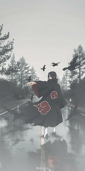 Itachi Uchiha in Akatsuki Cloak Standing on Wet Road with Crows HD phone wallpaper