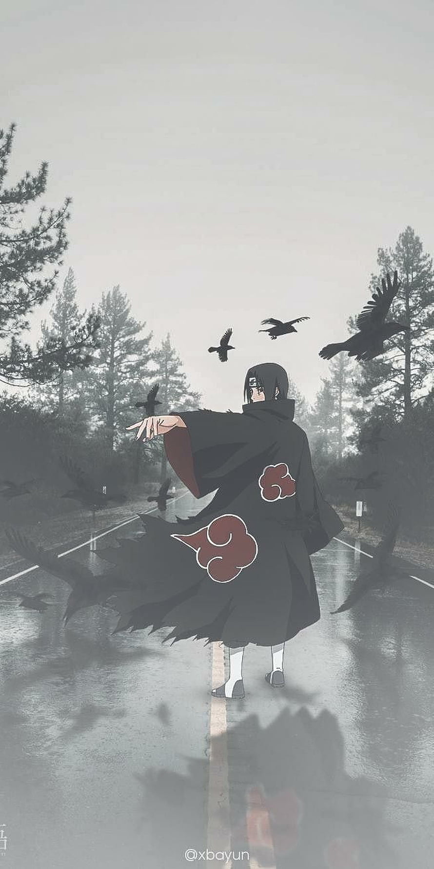 Itachi Uchiha in Akatsuki Cloak Standing on Wet Road with Crows HD phone wallpaper