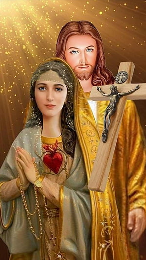 Sacred Depiction of Jesus and Mary with Sacred Heart and Crucifix HD phone wallpaper