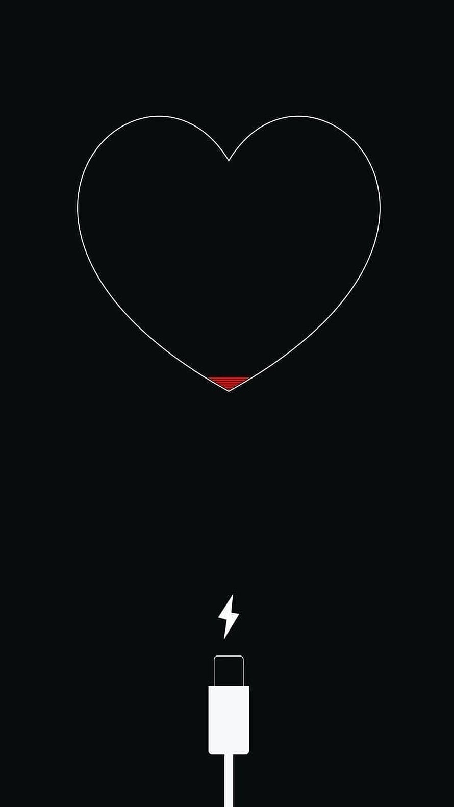 Minimalist Heart Battery Charging Icon With Lightning Bolt On Black Background HD phone wallpaper