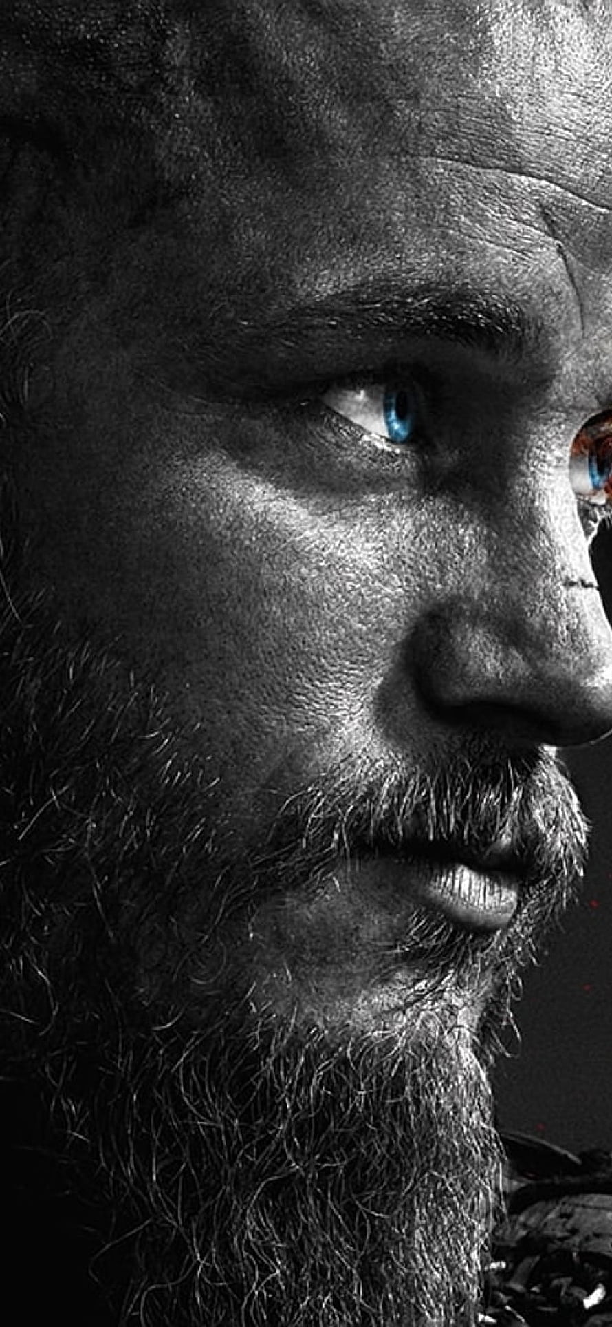 Ragnar Lothbrok Close-Up Portrait with Intense Blue Eyes and Weathered Beard HD phone wallpaper