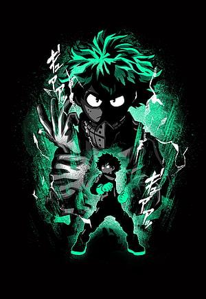 Black Deku Anime Character with Green Energy Aura and Dark Background HD phone wallpaper