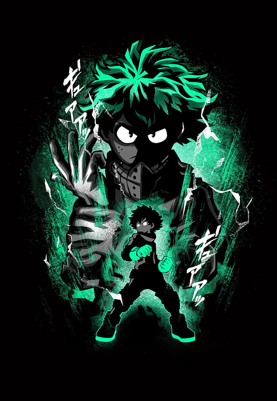 Black Deku Anime Character with Green Energy Aura and Dark Background HD phone wallpaper
