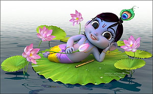 Cute Baby Krishna Lying on Lotus Leaf with Flute and Peacock Feather HD wallpaper