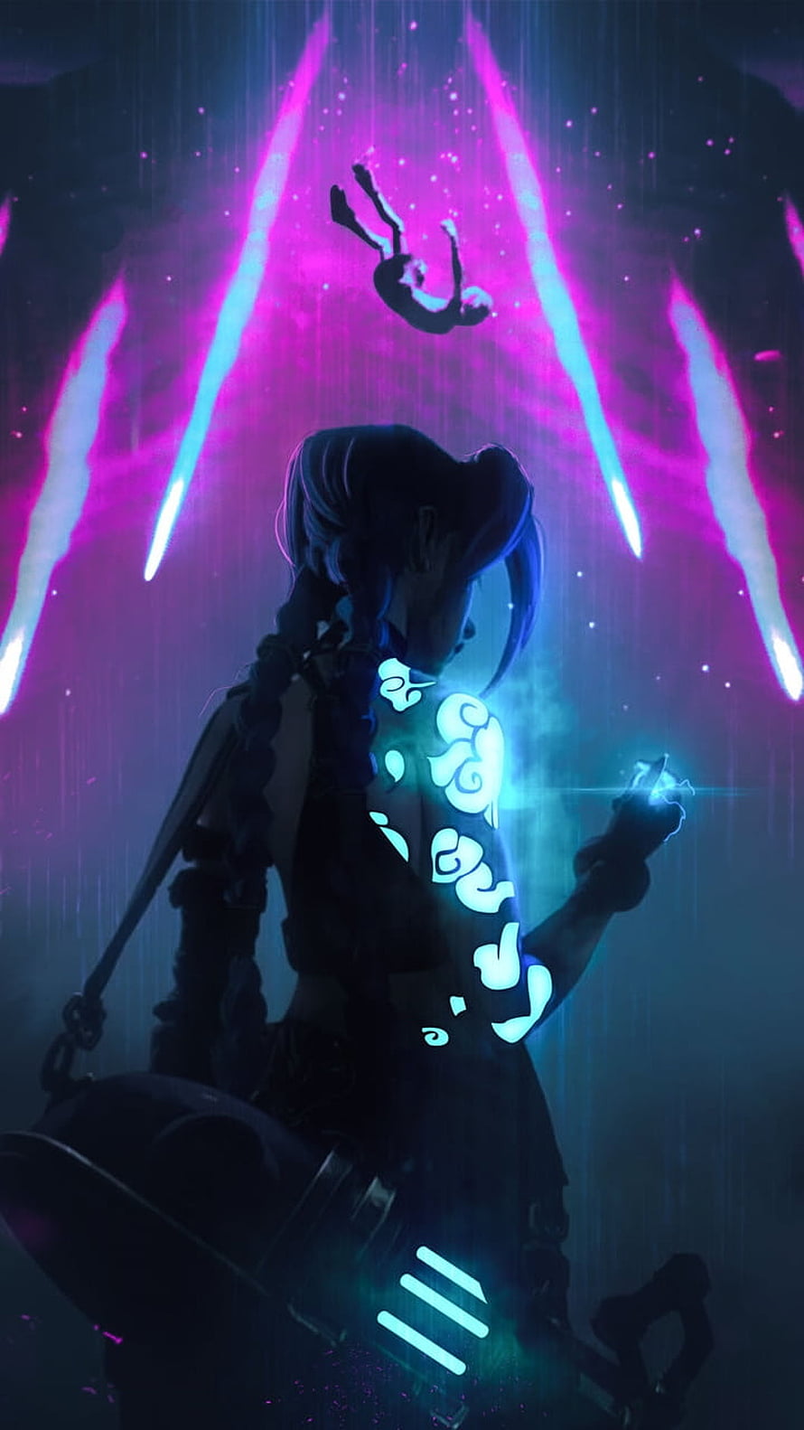 Jinx from Arcane with glowing tattoos and neon lights in a dark fantasy setting HD phone wallpaper