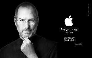 Steve Jobs Black and White Portrait with Apple Logo and Stay Hungry Quote HD wallpaper