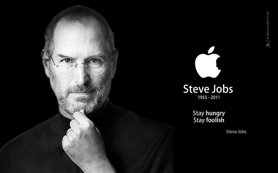 Steve Jobs Black and White Portrait with Apple Logo and Stay Hungry Quote HD wallpaper