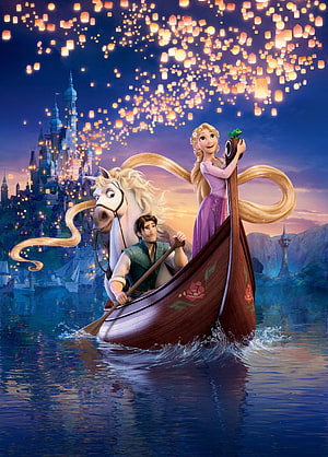 Tangled Movie Artwork: Rapunzel and Flynn Rider in a Boat with Sky Lanterns and Castle HD phone wallpaper