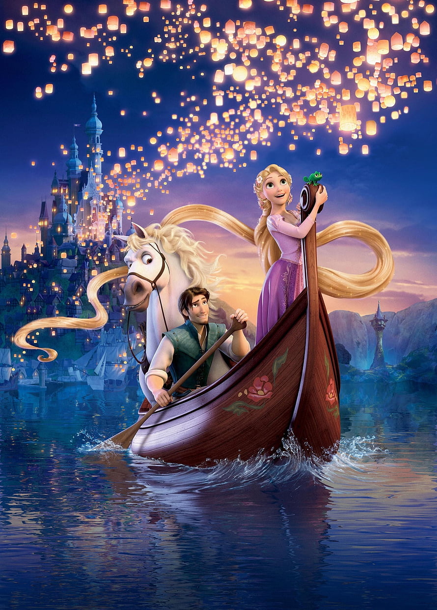 Tangled Movie Artwork: Rapunzel and Flynn Rider in a Boat with Sky Lanterns and Castle HD phone wallpaper