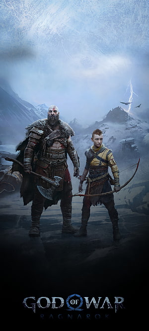 Kratos and Atreus standing in snowy mountains God of War Ragnarok wallpaper HD phone wallpaper