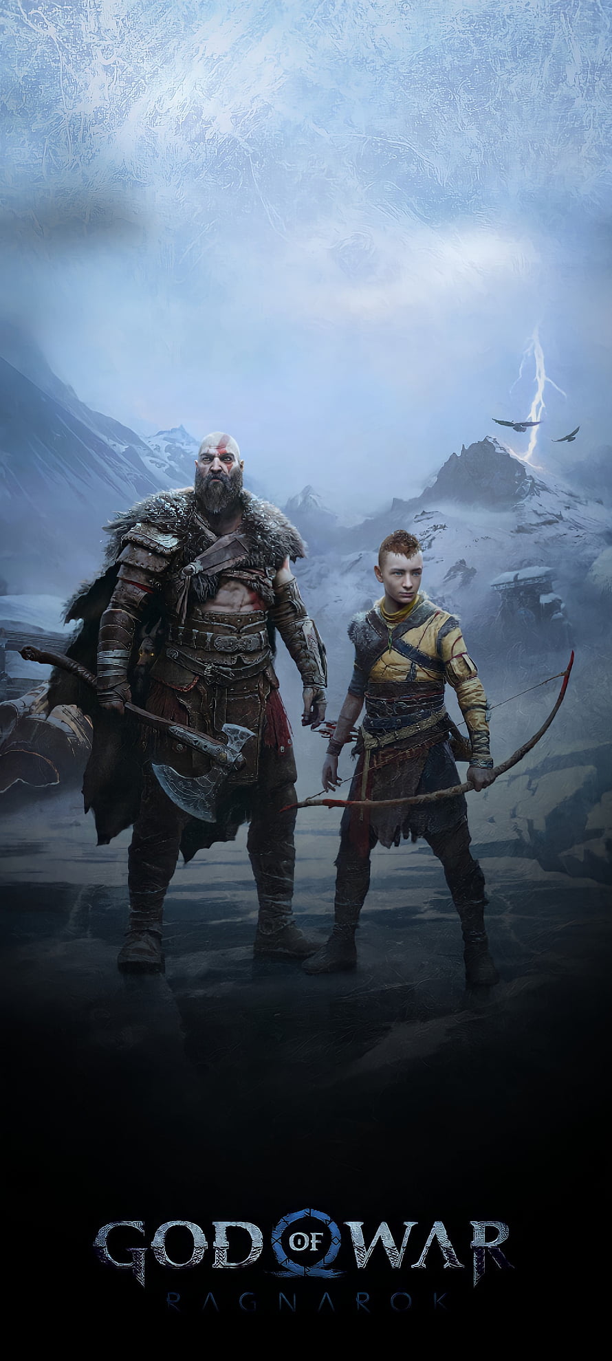 Kratos and Atreus standing in snowy mountains God of War Ragnarok wallpaper HD phone wallpaper