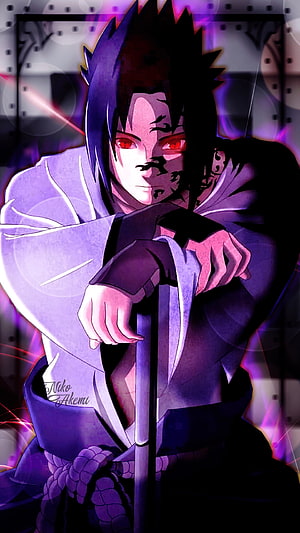 Uchiha Sasuke Sharingan Anime Character Purple Lightning Wallpaper HD phone wallpaper