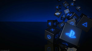 PlayStation Controller Button Icons Floating in Dark Blue 3D Render HD wallpaper