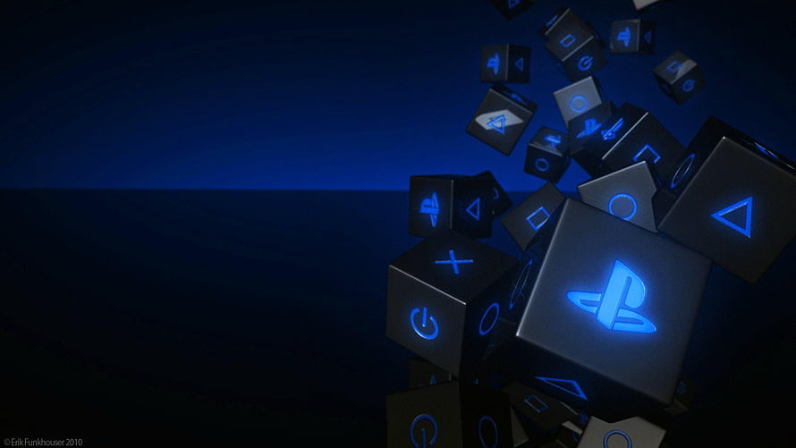 PlayStation Controller Button Icons Floating in Dark Blue 3D Render HD wallpaper