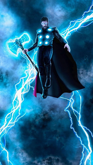 Thor God of Thunder wielding Stormbreaker axe with blue lightning and glowing armor in cinematic superhero wallpaper HD phone wallpaper