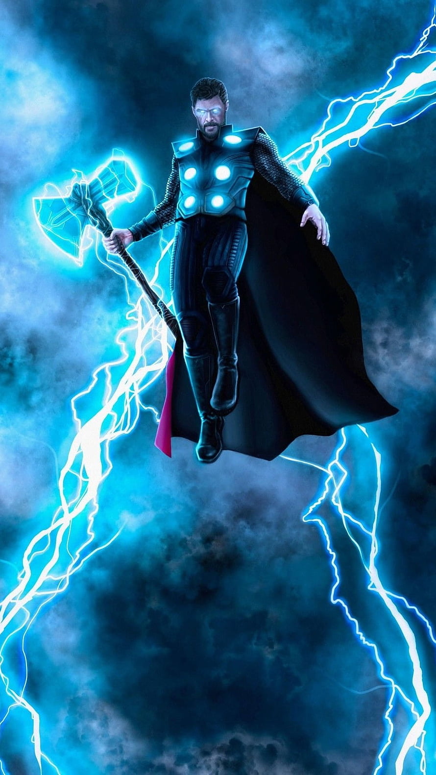 Thor God of Thunder wielding Stormbreaker axe with blue lightning and glowing armor in cinematic superhero wallpaper HD phone wallpaper