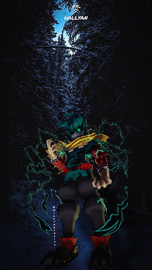 Dark Izuku Midoriya in a Snowy Forest with Green Energy Aura HD phone wallpaper