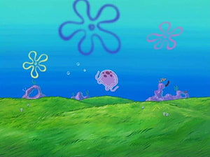 SpongeBob SquarePants Jellyfish Fields Landscape with Bikini Bottom Skyline HD wallpaper