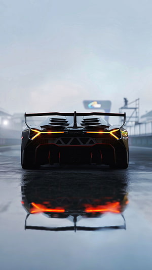 Rear View of Lamborghini Veneno Super Car on Wet Track with Reflection HD phone wallpaper