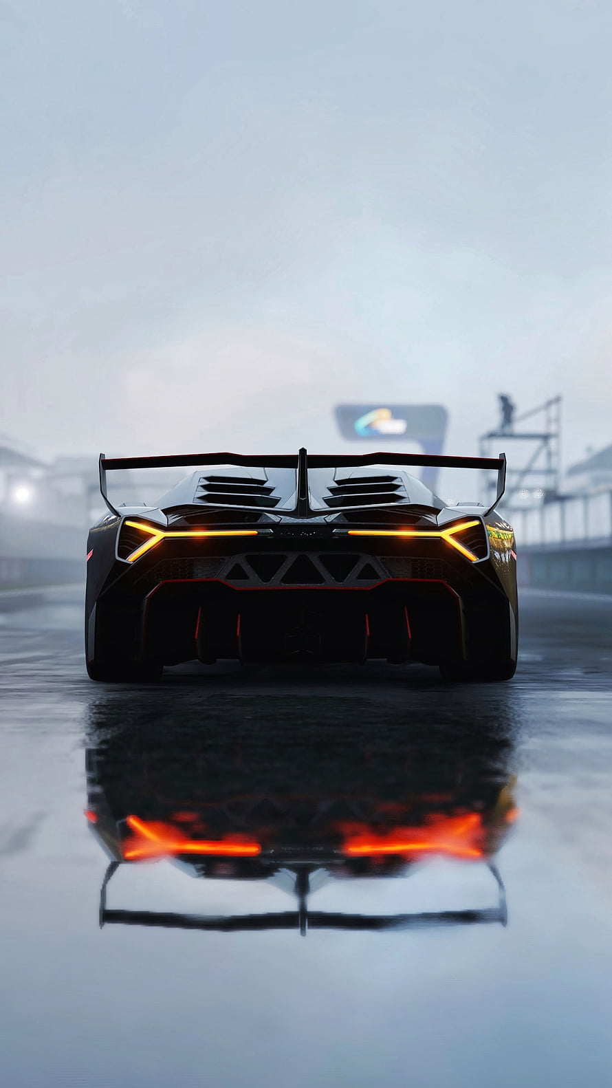 Rear View of Lamborghini Veneno Super Car on Wet Track with Reflection HD phone wallpaper