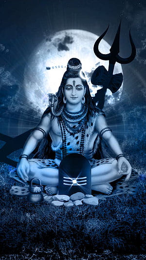 Lord Shiva Meditating Under Full Moon With Trishul And Shiva Lingam HD phone wallpaper