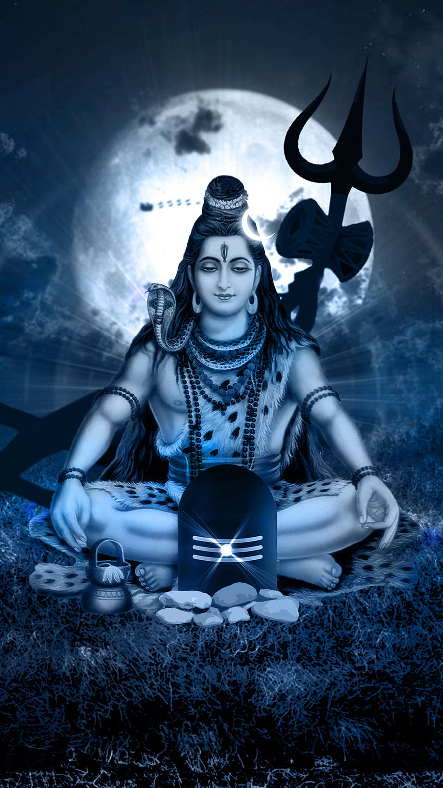 Lord Shiva Meditating Under Full Moon With Trishul And Shiva Lingam HD phone wallpaper