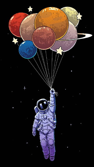 Astronaut Floating in Space Holding Planet Balloons HD phone wallpaper