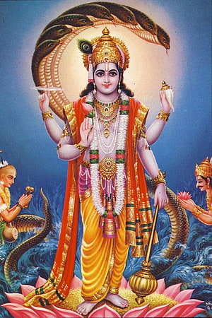 Lord Vishnu Standing on Lotus with Serpent Canopy and Divine Attributes HD phone wallpaper
