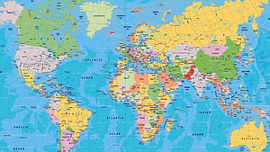 Detailed Political World Map Showing Countries, Oceans, and Continents in Color HD wallpaper