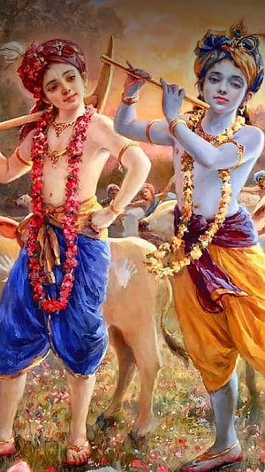 Krishna and Balarama Playing Flute and Staff in Pastoral Landscape HD phone wallpaper