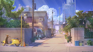 Sunny Japanese Residential Street With Yellow Scooter And Blue Sky Anime Background HD wallpaper