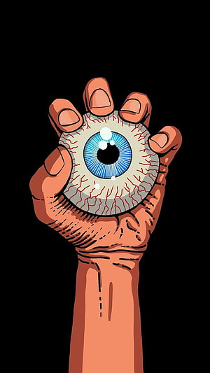 Hand Holding Detached Blue Eye Illustration on Black Background HD phone wallpaper