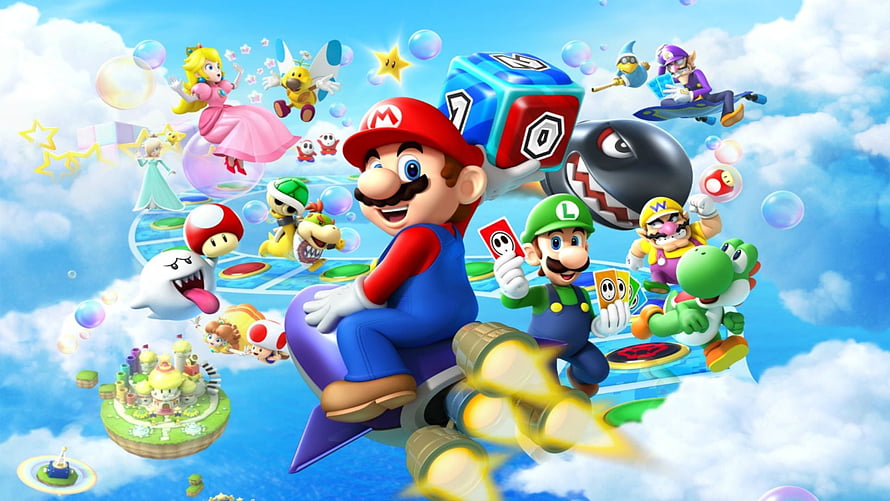 Super Mario Party Jamboree Key Art Featuring Mario, Luigi, Peach, and Bowser in a Vibrant Sky Setting HD wallpaper