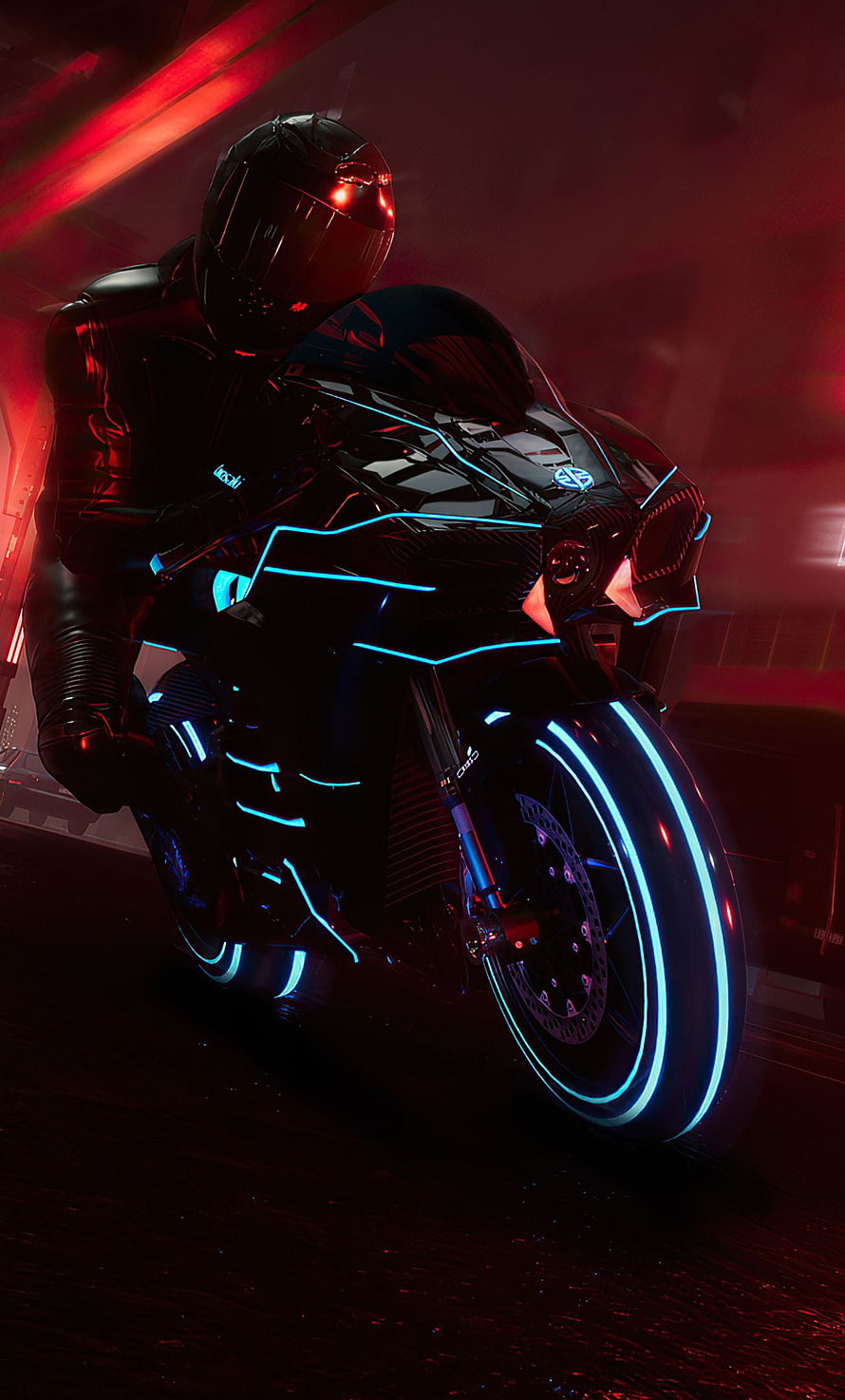 Futuristic Cyberpunk Motorcycle Rider with Neon Blue Lights HD phone wallpaper