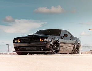 Black Dodge Challenger SRT Demon Widebody with Custom Wheels on Concrete HD wallpaper