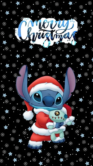 Stitch in Santa Suit Holding Plush Toy Merry Christmas Winter Wallpaper HD phone wallpaper
